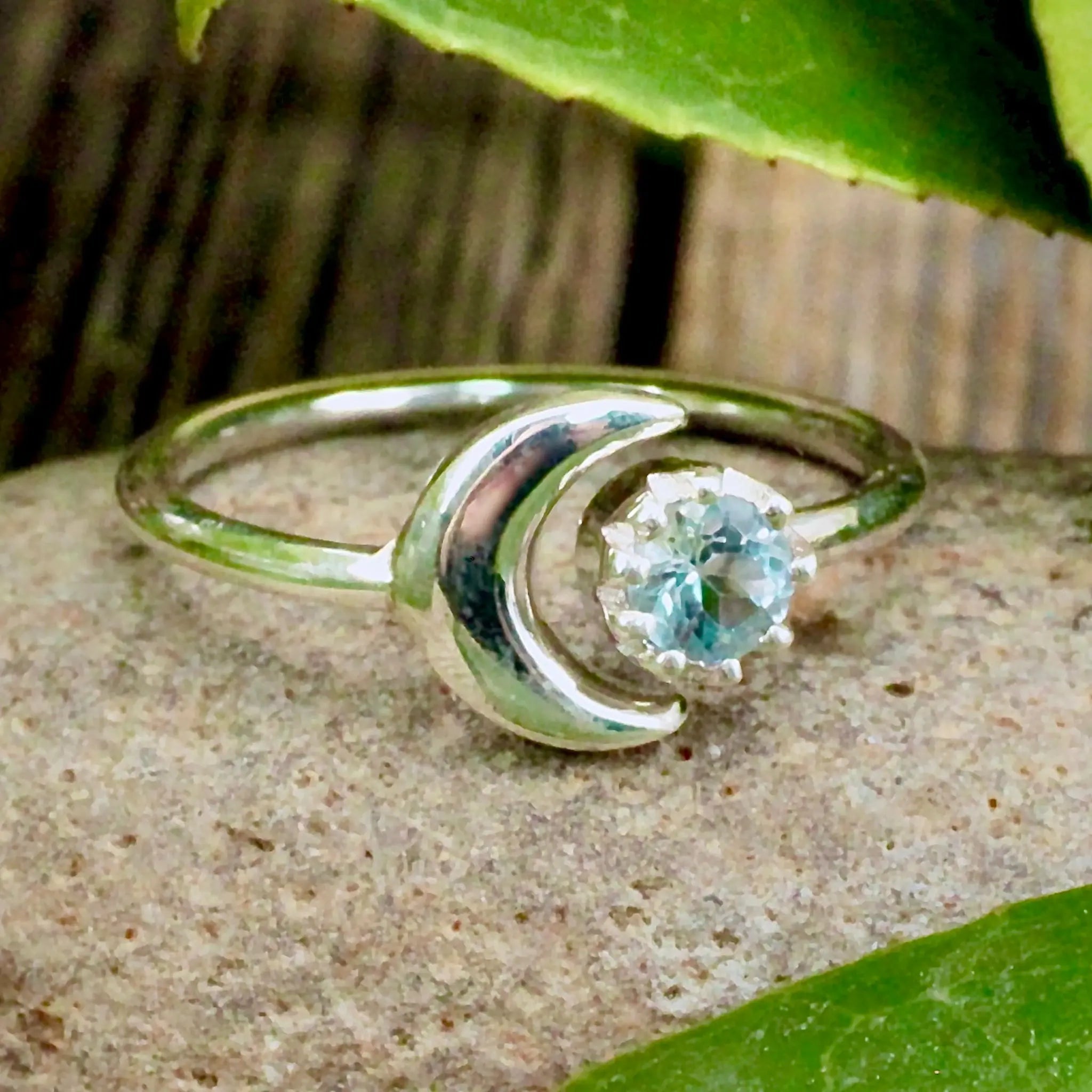 Blue Topaz Moon Ring - Sterling Silver