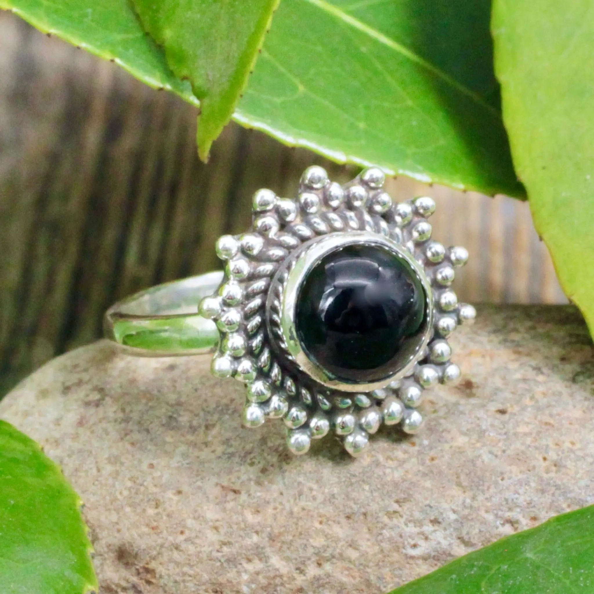 Black Onyx Sun Ring -  Sterling Silver