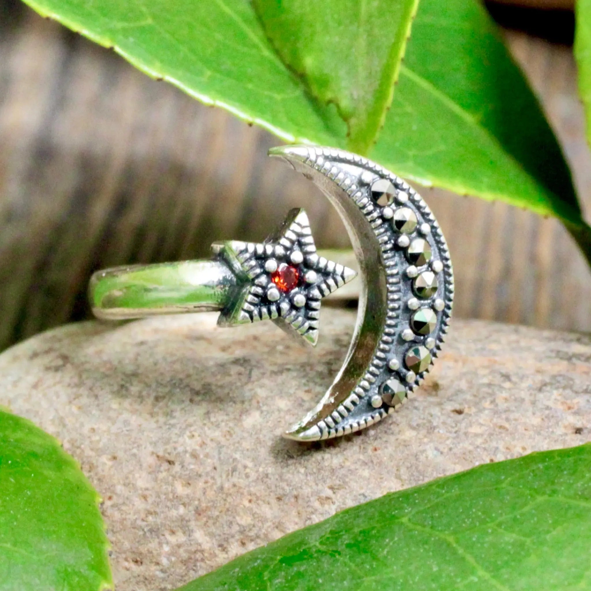 Garnet & Marcasite Moon and Star Ring