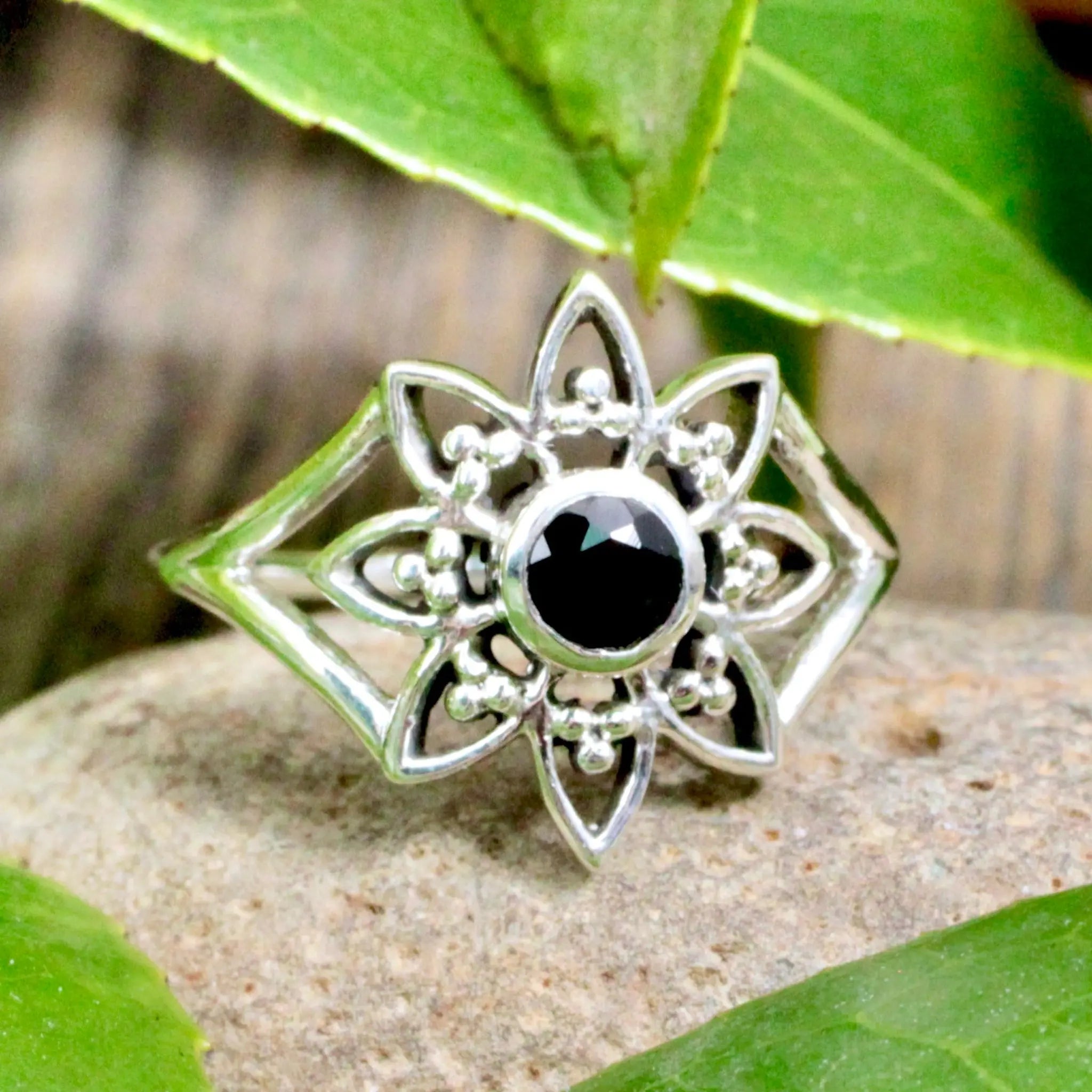 Black Onyx Flower Ring - Sterling Silver